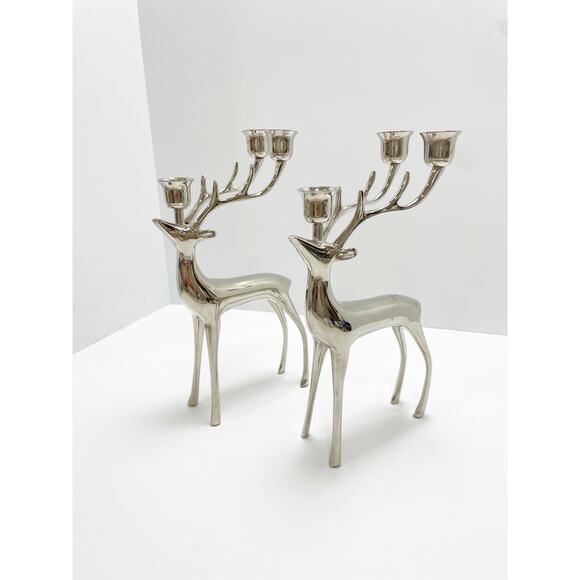 Pottery Barn Reindeer Candelabra Candles Sliver Stick Holder Holds 3 Christmas - Picture 1 of 7